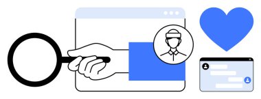 Bir tarayıcı penceresi içinde kullanıcı profili, kalp simgesi desteği ve mesaj alışverişini simgeleyen büyüteç denetimi. Araştırma, analiz, içgörü, çevrimiçi ilişki, bağlantı için ideal