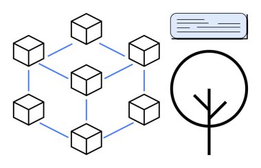 Birbirine bağlı bloklar bir ağ oluşturur, mesaj balonu büyümeyi temsil eden bir ağaç sembolü ile birlikte iletişimi ifade eder. Engelleme zinciri, ağ, iletişim, sürdürülebilirlik ve teknoloji için ideal