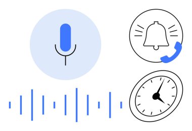 Ses dalgalarıyla çevrili bir mikrofon illüstrasyonu, telefonlu bir uyarı zili ve saatle. Teknoloji, iletişim, verimlilik, hatırlatıcılar, zaman otomasyonu modern uygulamalar için idealdir. Basit bir daire.