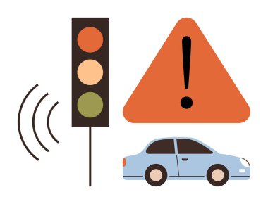 Ünlem işaretli uyarı üçgeni, trafik ışığı sinyalleri, ses dalgaları, mavi araba. Yol güvenliği, trafik bilinci, sürüş talimatları, kaza önleme, ulaşım güvenliği uyarısı için ideal