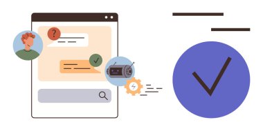 Kullanıcı, mesaj ve sohbet robotu simgesi ile sohbet arayüzü. Mavi kontrol işareti doğrulamayı simgeliyor. Yapay zeka, iletişim, teknik destek, otomasyon mahremiyeti mesajı verimliliği için ideal. Basit düz