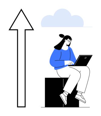 Dizüstü bilgisayarda yazan kişi, yukarı doğru büyük bir ok ve bulutun yanına yerleştirilmiş. Büyüme, başarı, yenilik, gelişme, öğrenme, kariyer tutkusu için idealdir. Basit düz metafor