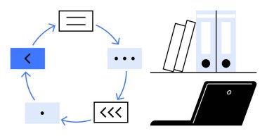 Okları ve basamakları olan dairesel iş akışı diyagramı, bir dizüstü bilgisayar, kitaplar ve belge klasörleri içeren bir ofis masası düzeneği ile eşleştirildi. Üretkenlik, organizasyon, takım çalışması, planlama, iş akışı için ideal