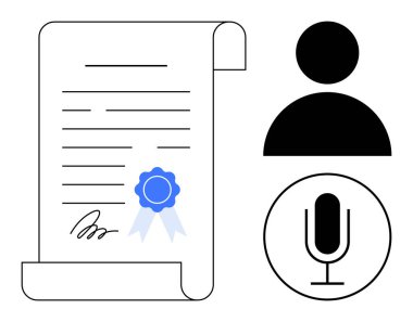 Mavi mühür, profil simgesi ve mikrofon sertifikası. Sertifika, kimlik doğrulama, kimlik doğrulama, eğitim, güvenlik, teknoloji sade iniş sayfası için ideal