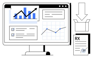 Bilgisayar monitörü bar tablosunu, satır grafiğini, kontrol listesini ve bir belge ve indirme kutusunun yanında notları gösteriyor. Veri analizi, raporlama, sağlık, işletme yönetimi ve verimlilik için ideal