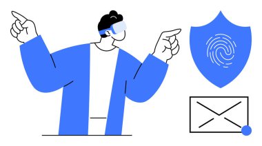 VR kulaklık takan bir adam, kalkana parmak izi ve e-posta ikonu ile işaret ederek teknolojiyi vurguluyor. Siber güvenlik, VR yeniliği, mahremiyet, e-posta güvenliği, kimlik doğrulama, veri