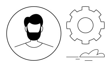 Çemberin içindeki erkek profili, vites sembolü ve minimum çizgileri olan bulut tasarımı. Kullanıcı ayarları, teknoloji, takım çalışması, yenilik, yazılım bulut hesaplama otomasyonu için ideal. Basit düz metafor