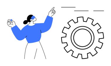 Sanal gerçeklik kulaklığı takan kadın vites simgesinin yakınındaki interaktif HUD elemanlarına bakıyor. Yenilik, teknoloji, sanal gerçeklik, dijital dönüşüm, problem çözme, otomasyon, ilerleme için idealdir. Temiz