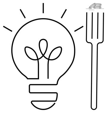 İçinde çatal ve bitki filizlenen ampul, sürdürülebilir fikirleri ve yeşil yaşamı temsil ediyor. Sürdürülebilirlik, yenilik, eko-yaşam, yeşil çözümler, gıda endüstrisi, yaratıcılık için ideal
