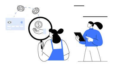 Kadın elinde tablet tutarken dolar işaretlerini ve kartı büyüteçle inceliyor. Finans, analitik, çevrimiçi ödeme, para yönetimi, araştırma, e-ticaret, basit iniş sayfası için ideal