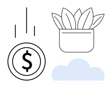 Dolar işaretli bozuk para, saksı bitkisi ve pastel mavi bulut finansal büyüme, sürdürülebilirlik, yatırım, çevre dostu, yenilik, refah ve başarı fikirlerini çağrıştırıyor. Modern için ideal