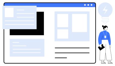 İnteraktif içerik bloklarının yer aldığı web sayfası düzeni, belgeleri tutan bir figür ve ampul simgesi. Web tasarımı, işbirliği, organizasyon, yaratıcılık, üretkenlik, yenilik için ideal