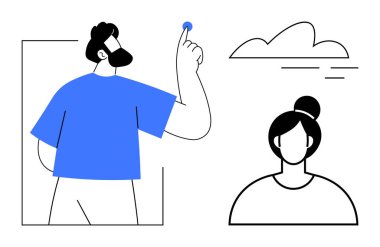 Erkek, bulut elementli basit bir hatla kadının yanına doğru hareket ediyor. Takım çalışması, çeşitlilik, yaratıcılık, bağlantı, iletişim, yenilik, büyüme için idealdir. En basit düz metafor