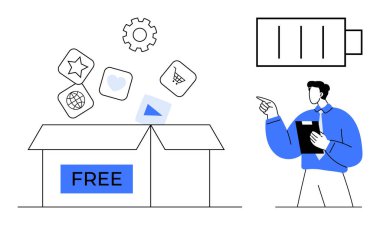 Ofis çalışanı dijital uygulama simgeleriyle etiketlenmiş bir kutuyu işaret ediyor. Civardaki teçhizatı, kalbi, küreyi, araba aküsünün sembolünü parmakla gösteriyor. Üretkenlik, teknoloji, yenilik, yaratıcılık, eğitim için ideal