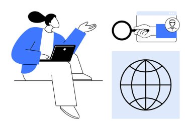 Dizüstü bilgisayarlı bir kadın, arama, teknoloji, küresel erişim ve çevrimiçi platformları sembolize eden bir büyüteç, kullanıcı profili ve küresel platforma doğru hareketler yapıyor. Teknoloji ve iletişim için ideal