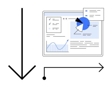 Veri içgörülerini ileten çubuk grafiği, pasta grafiği ve yön bulma okları olan dijital gösterge paneli. Analiz, veri akışı, navigasyon, kullanıcı arayüzü, raporlar, bilgi grafikleri için ideal basit iniş diyagramları