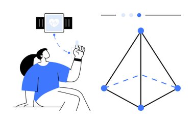 Geometrik bir piramit ve bağlantı düğümleri teknoloji kavramlarını açıklarken sağlık takipçisi bir kadın. Sağlık için ideal, veri görselleştirme, giyilebilir teknoloji, modern bilim