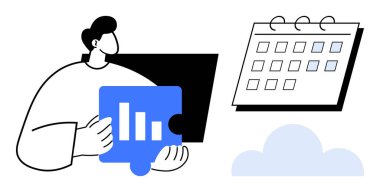 Takvim ve bulutun yanında, bar çizelgesiyle bulmaca parçası tutan soyut kişi. Planlama, takım çalışması, strateji, üretkenlik, veri analizi, dijital yenilikler için ideal. Basit düz