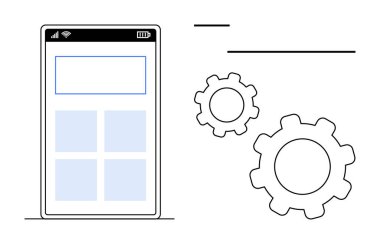 Akıllı telefon ekranı uygulama çerçeve tasarımı, işlevselliği, optimizasyonu ve geliştirmeyi temsil eden dişli simgeleriyle birlikte. Teknoloji, uygulama tasarımı, geliştirme, yazılım için ideal