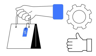 İndirim etiketli el çantası, işlem optimizasyonu için teçhizat, onay için baş parmak. E-ticaret, satış, iş çözümleri, tüketici katılımı, pazarlama, optimizasyon için ideal