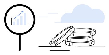 Yukarı bakan grafikte büyüteç, yakınlarda istiflenmiş paralar, mavi bulut. Finans, yatırım, büyüme, veri analizi, ekonominin karlılık eğilimleri için idealdir. Net ve basit düz metafor