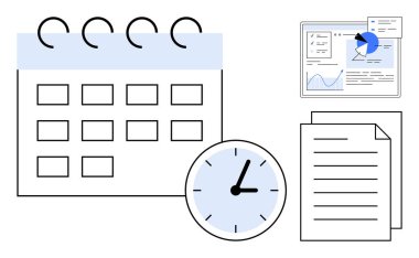 Takvim şebekesi, saati gösteren belgeler ve veri analiz arayüzü. Planlama, üretkenlik, proje yönetimi, zaman izleme, iş akışı optimizasyon takım koordinasyonu için ideal basit