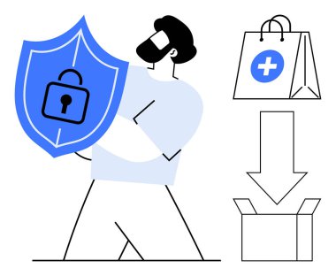 Adam kalkanı kilit, alışveriş çantası ve güvenli online işlemler ve teslimat gösteren bir kutuyla tutuyor. Güvenlik için ideal, çevrimiçi alışveriş, güven, mahremiyet, koruma, e-ticaret sade daire