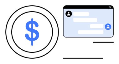 Bir kullanıcı mesajlaşması arayüzünün yanında gösterilen iletilerin bulunduğu bir çemberde dolar işareti. Finans, bankacılık, çevrimiçi işlemler, iletişim, e-ticaret, fintech, basit iniş sayfası için ideal