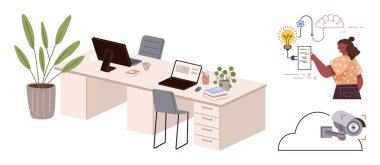 Bilgisayarları, bitkileri, kitapları olan ofis masası. Uygulama fikrini sunan bağlantılı teknik kadın. Bulut bilgisayarı, güvenlik kamerası. Uzaktan çalışma, yenilik, güvenlik üretkenlik organizasyonu için ideal