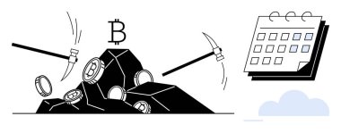 Kazmalar kayalardan kripto para ayıklama, Bitcoin sembolü, bitişik takvim. Engelleme zinciri, madencilik, finans, yatırım, kripto pazarı, dijital ekonomi için ideal
