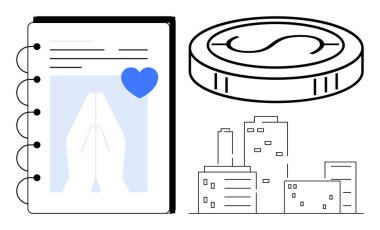 Dua eden elleri ve kalbi olan bir defter, şehir binalarının üstünde para. Hayır işleri için ideal, kurumsal yardım, inanç temelli destek, şehir gelişimi, bağışlar, sosyal etki minnettarlığı. Basit düz