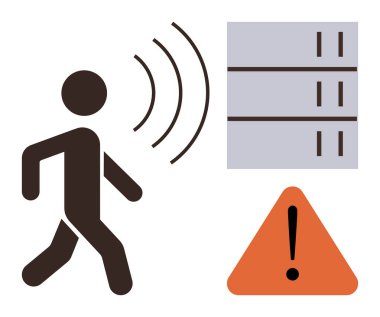 Sensör dalgaları, sunucu rafları ve turuncu üçgen uyarı işaretiyle yürüyen kişi. Konseptler için ideal. Güvenlik, teknoloji, risk alarmı, otomasyon, güvenlik. En az düz metafor