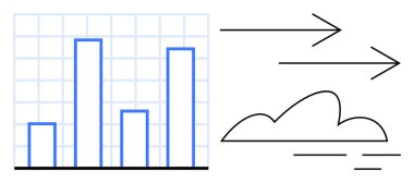 Veri akışını ve analizi sembolize eden dört sütunu, şebeke arkaplanı, bulut ve okları olan bar tablosu. İş, istatistik, veri paylaşımı, tahmin, teknoloji, ilerleme ve analiz için ideal