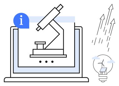 Dizüstü bilgisayardaki mikroskop bilimsel keşfi simgeler. Güneş paneli olan ampul yenilikçi fikirleri ateşliyor. Yukarı çıkan oklar büyümeyi temsil ediyor. Eğitim, araştırma ve teknoloji için ideal