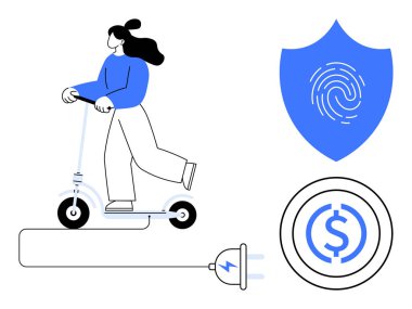 Elektrikli scooter kullanan, kabloyu şarj eden dijital güvenlik için parmak izi kalkanı ve tasarruf maliyetini simgeleyen bozuk para taşıyan bir kadın. Hareket edebilirlik, enerji, güvenlik ve finans için ideal