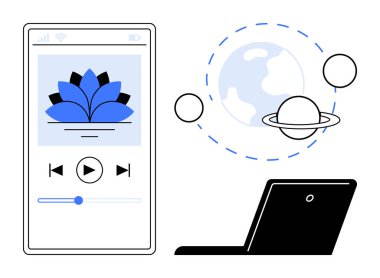Nilüfer tasarımı, dizüstü bilgisayarı ve gezegenleri içeren akıllı telefon müzik uygulaması arayüzü, farkındalık ve teknolojiyi harmanlıyor. Refah, yaratıcılık, odaklanma, dijital araçlar, meditasyon uzaktan çalışma için ideal