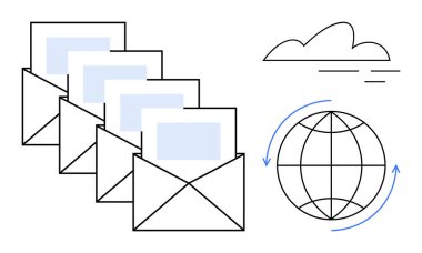 Küresel posta, ağ oluşturma, bulut depolama, paylaşım, iletişim, bağlantı ve bilgi akışını temsil eden dört açık zarf bir dünya ve bulut ile birlikte yayınlanıyor. Dijital için ideal