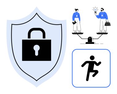 Güvenlik için asma kilidi olan bir kalkan, ölçekte fikirleri dengeleyen bir iş ikilisi ve çalışan bir figür. Siber güvenlik, takım çalışması, ilerleme, risk dengesi, yenilik, koruma için ideal basit düz metafor