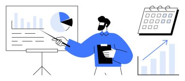 Adamın biri ekranda istatistiksel verileri elinde panoyla grafiğe işaret ediyor. Yakınlarda, bir takvim ve büyüme grafiği organizasyonu ve ilerlemeyi vurguluyor. Strateji, analitik ve üretkenlik için ideal