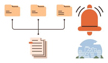 Dosya dizinleri istiflenmiş belgelere, alarm çanı simgesine ve modern AVM binası illüstrasyonuna bağlandı. Organizasyon, iletişim, alarm sistemleri, mimari, belge yönetimi için ideal