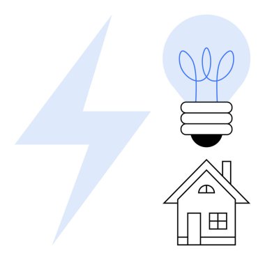 Ampul ve basit ev ikonunun yanında şimşek çakıyor. Enerji, elektrik, sürdürülebilirlik, yenilenebilir güç, yenilik, ev sistemleri, koruma için idealdir. Minimalist düz metafor