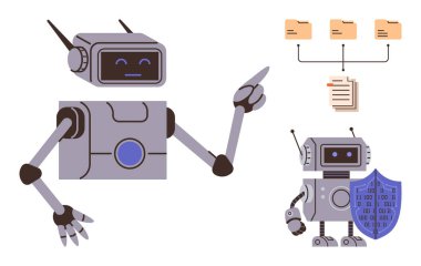 Hiyerarşi yapısına sahip veri dosyalarını yöneten iki robot. Bir robot klasörleri işaret ediyor, diğeri güvenliği vurgulayan bir kalkan tutuyor. Otomasyon, yapay zeka, siber güvenlik ve veri yönetimi için ideal