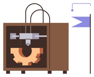 3D yazıcı, yanında tamamlama bayrağı olan vites biçimi üretiyor. Teknoloji, yenilik, üretim, prototip, mühendislik, tasarım ve eğitim için ideal. Basit düz metafor