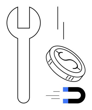 İngiliz anahtarı, dolar parası ve mıknatıs ekonomik büyüme, finansal stratejiler, gelir üretimi ve iş geliştirmeyi temsil ediyor. İş stratejisi, pazarlama ve tasarruf yatırımları için ideal