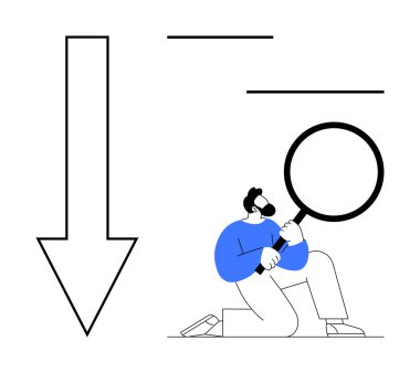 Büyüteci tutan adam aşağı doğru büyük bir okun yanında yakından inceliyor. Araştırma, gözlem, keşif, analitik, veri analizi, problem çözme, basit düz metafor