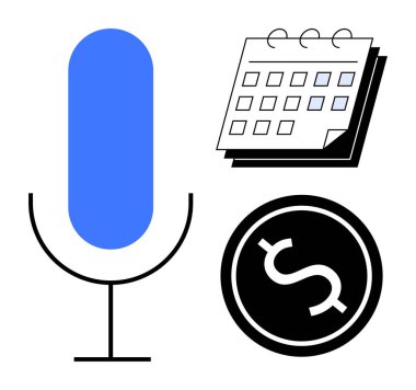 Büyük bir mikrofon, basit bir takvim ve kayıt, zaman yönetimi ve finansal planlama temalarının birleşiminde dolar işareti. Podcast, zamanlama, verimlilik, ses parası için ideal