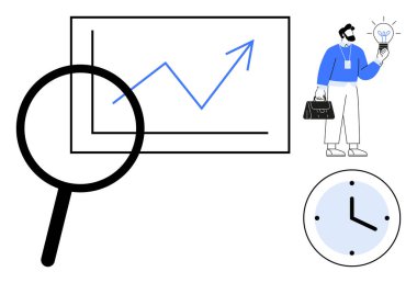 Yükselen bir grafiğin üzerinde büyüteç, profesyonel bir iş adamı elinde ampul, analog saat. Analiz, strateji, büyüme, yenilik, zaman yönetimi, üretkenlik ve çözümler için ideal