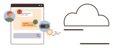 Sohbet mesajları, arama çubuğu, otomasyon teçhizatı, bulut simgesi ve profil avatarları olan tarayıcı penceresi. Teknoloji, iletişim, bulut hesaplama, işbirliği otomasyonu için ideal online hizmetler