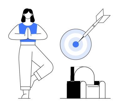 Ağaçtaki kadın, hedefli bir dart tahtası ve modern bir sandalyeyle farkındalığı sembolize ediyor. Odaklanma, denge, hedefler, farkındalık, rahatlama, hassasiyet, yaşam tarzı için ideal. Basit düz