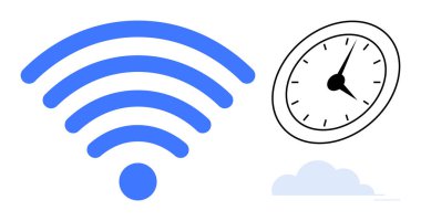 Siyah beyaz bir analog saatin yanında soluk mavi bir bulutun üzerinde süzülen mavi kablosuz sinyal dalgaları. İletişim, teknoloji, zaman yönetimi, ağ oluşturma, üretkenlik, verimlilik, kablosuz